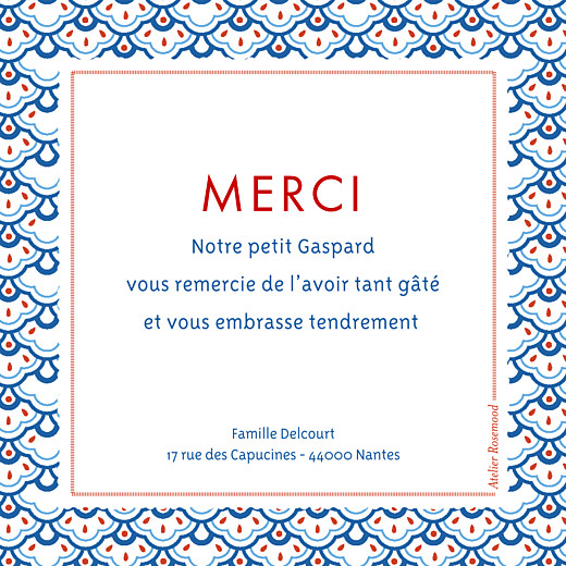 Carte de remerciement Merci pattern photo rouge bleu - Verso Carte de remerciement Merci pattern photo rouge bleu - Verso