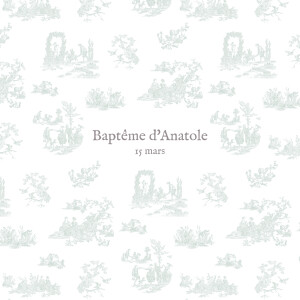 Faire-part de baptême Toile de Jouy photo vert pâle Faire-part de baptême Toile de Jouy photo vert pâle
