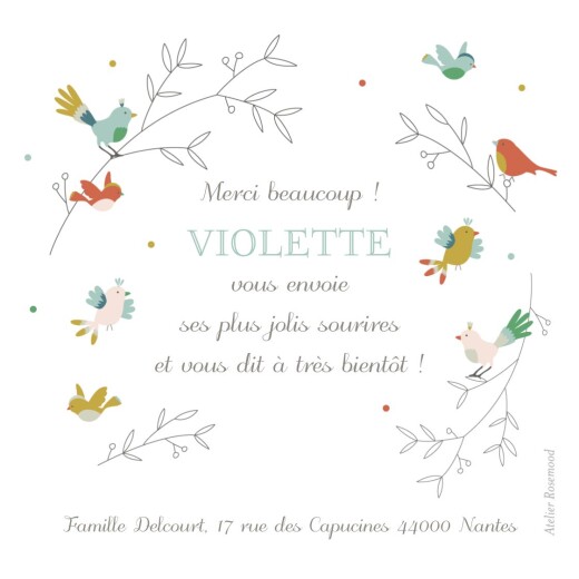 Carte de remerciement Petits oiseaux multicolores rose - Verso Carte de remerciement Petits oiseaux multicolores rose - Verso