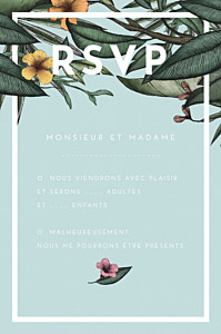Carton réponse mariage bleu fleurs des îles vert Carton réponse mariage bleu fleurs des îles vert