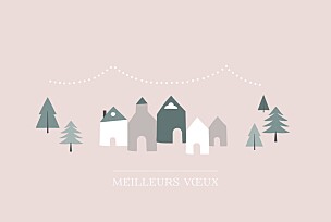 Carte de voeux village d'hiver (dorure) rose Carte de voeux village d'hiver (dorure) rose