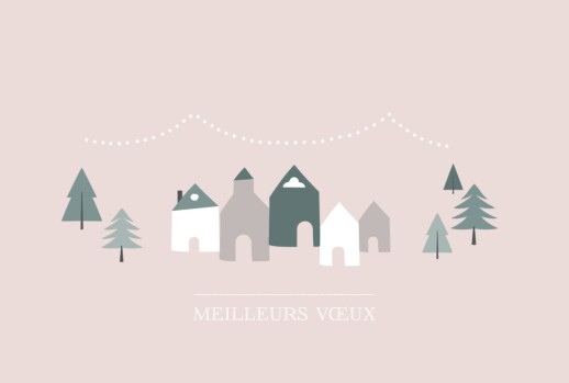 Carte de voeux Village d'hiver (dorure) rose Carte de voeux Village d'hiver (dorure) rose