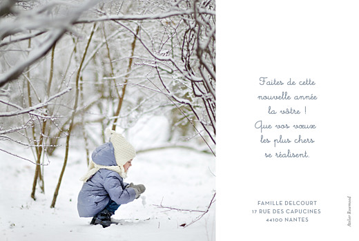 Carte de voeux Noël au chaud photo bleu - Verso Carte de voeux Noël au chaud photo bleu - Verso