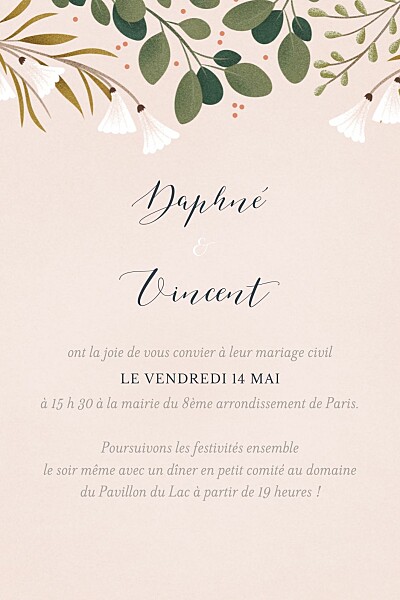 Carton d'invitation mariage Daphné portrait printemps finition Carton d'invitation mariage Daphné portrait printemps finition