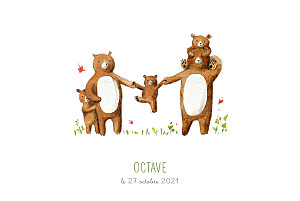 Faire-part de naissance marron 5 ours en famille blanc Faire-part de naissance marron 5 ours en famille blanc