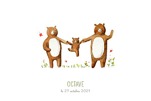 Faire-part de naissance marron 3 ours en famille blanc Faire-part de naissance marron 3 ours en famille blanc