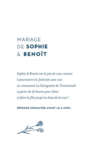Carton d'invitation mariage Laure de Sagazan bleu marine - Verso