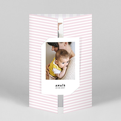 Faire-part de naissance design rayures pastel (fenêtre portrait) rose Faire-part de naissance design rayures pastel (fenêtre portrait) rose