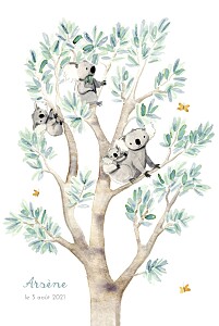Faire-part de naissance animaux 4 koalas en famille blanc Faire-part de naissance animaux 4 koalas en famille blanc