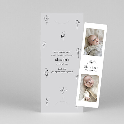 Faire-part de naissance blanc herbier (marque-page) gris Faire-part de naissance blanc herbier (marque-page) gris
