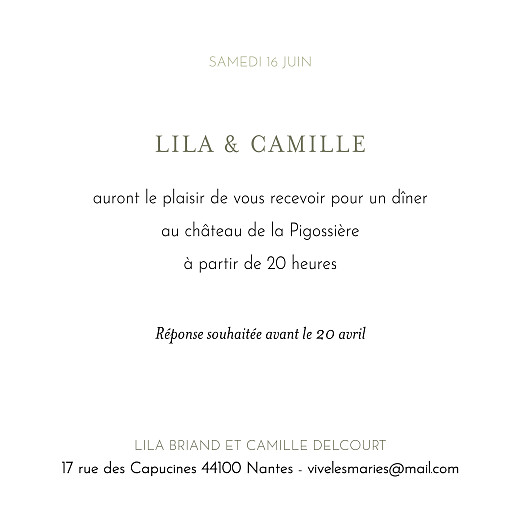 Carton d'invitation mariage Botanique vert - Verso