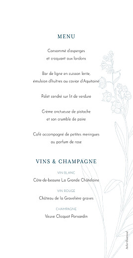 Menu de mariage Botanique bleu - Verso Menu de mariage Botanique bleu - Verso