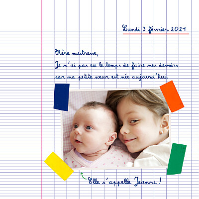 Faire-part de naissance Cahier d'écolier 2 photos blanc finition Faire-part de naissance Cahier d'écolier 2 photos blanc finition
