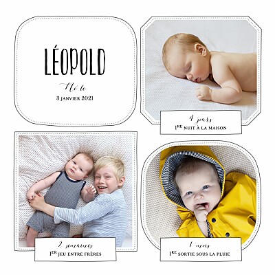 Faire-part de naissance Grandes découvertes 3 photos blanc finition Faire-part de naissance Grandes découvertes 3 photos blanc finition