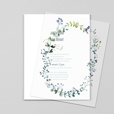 Faire-part de mariage blanc bouquet sauvage (calque) bleu Faire-part de mariage blanc bouquet sauvage (calque) bleu
