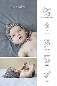 Faire-part de naissance blanc mon histoire en pictos (portrait) blanc Faire-part de naissance blanc mon histoire en pictos (portrait) blanc
