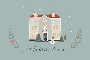 Carte de voeux hiver cottage vert Carte de voeux hiver cottage vert