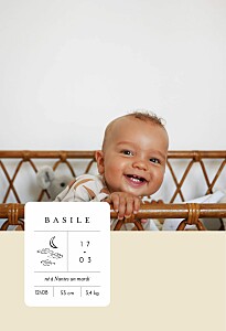 Faire-part de naissance jaune étiquette illustrée beige Faire-part de naissance jaune étiquette illustrée beige