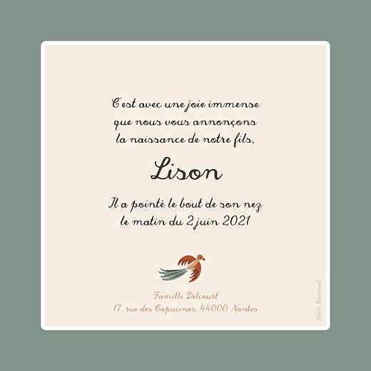 Faire-part de naissance Petite jungle vert - Verso Faire-part de naissance Petite jungle vert - Verso