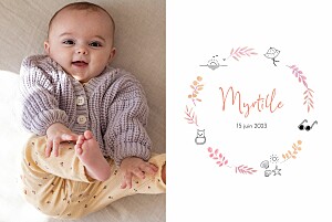 Faire-part de naissance mixte couronne illustrée (paysage) rose Faire-part de naissance mixte couronne illustrée (paysage) rose