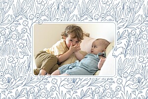 Faire-part de naissance petit frère ou petite soeur dans mon jardin (paysage) bleu Faire-part de naissance petit frère ou petite soeur dans mon jardin (paysage) bleu
