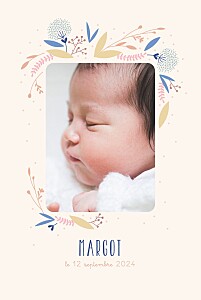 Faire-part de naissance fille élégant feuillage multicolore (portrait) rose Faire-part de naissance fille élégant feuillage multicolore (portrait) rose