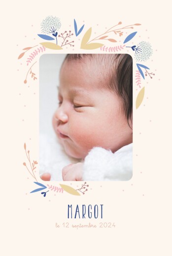 Faire-part de naissance Élégant feuillage multicolore (portrait) rose - Recto
