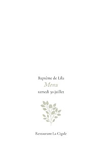 Menu de baptême fille signature végétale vert Menu de baptême fille signature végétale vert