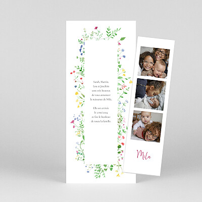 Faire-part de naissance vert cadre fleuri (marque-page) multicolore Faire-part de naissance vert cadre fleuri (marque-page) multicolore