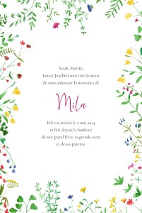 Faire-part de naissance vert cadre fleuri (portrait) multicolore Faire-part de naissance vert cadre fleuri (portrait) multicolore