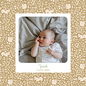 Faire-part de naissance jaune liberty écureuil (4 pages) ocre Faire-part de naissance jaune liberty écureuil (4 pages) ocre