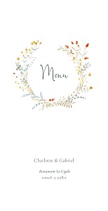 Menu de mariage jaune couronne florale ocre Menu de mariage jaune couronne florale ocre