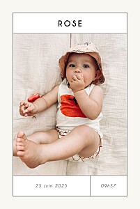 Faire-part de naissance original etiquette moderne (portrait) beige Faire-part de naissance original etiquette moderne (portrait) beige