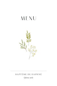 Menu de baptême vintage aquarelle végétale blanc Menu de baptême vintage aquarelle végétale blanc