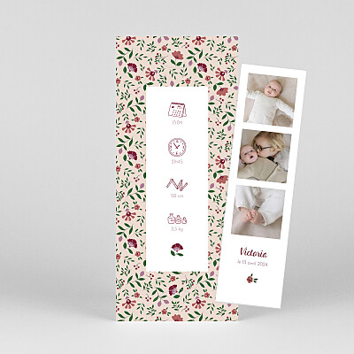 Faire-part de naissance rose flora (pictos) marque-page vert Faire-part de naissance rose flora (pictos) marque-page vert