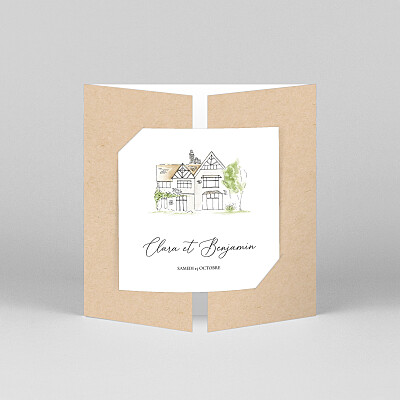 Faire-part de mariage vintage notre lieu (fenêtre) beige Faire-part de mariage vintage notre lieu (fenêtre) beige