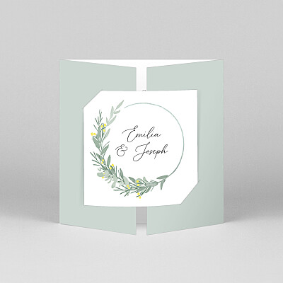 Faire-part de mariage jaune couronne d'eucalyptus (fenêtre) jaune Faire-part de mariage jaune couronne d'eucalyptus (fenêtre) jaune