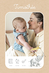 Faire-part de naissance animaux petit éléphant pictos (portrait) beige Faire-part de naissance animaux petit éléphant pictos (portrait) beige